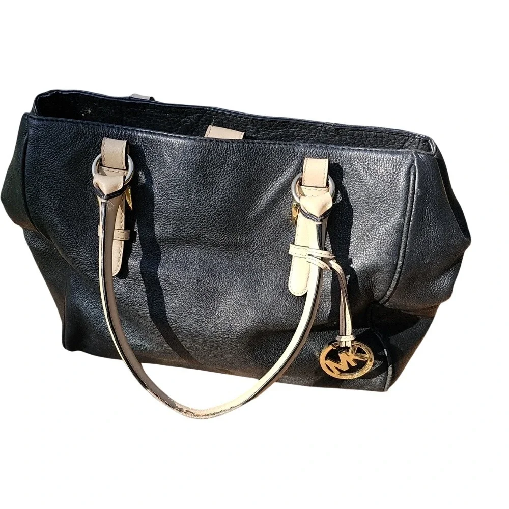 Michael Kors Black and Tan Large Leather Tote with Gold Accents